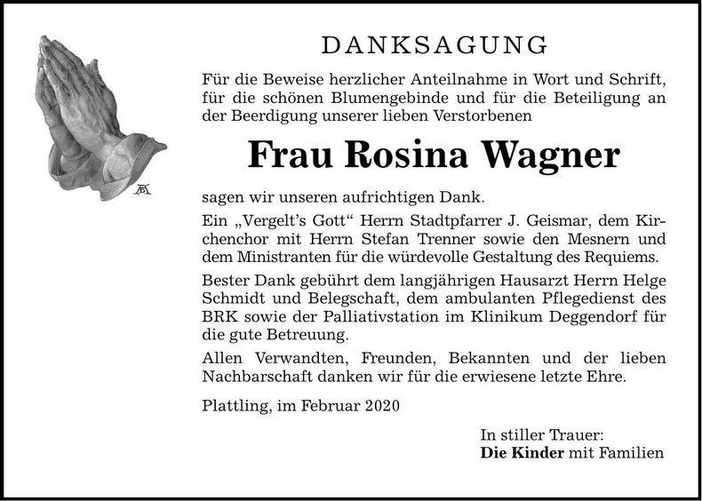 Traueranzeige Rosina Wagner