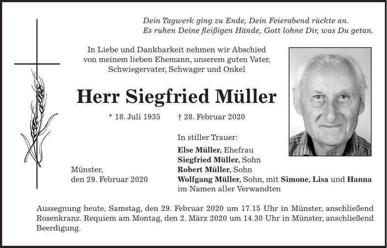 Traueranzeige Siegfried Müller
