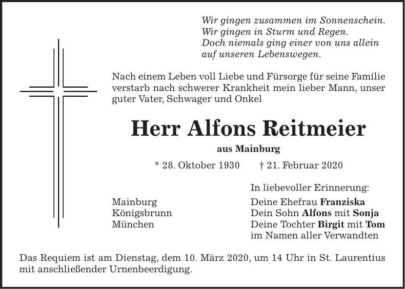Traueranzeige Alfons Reitmeier
