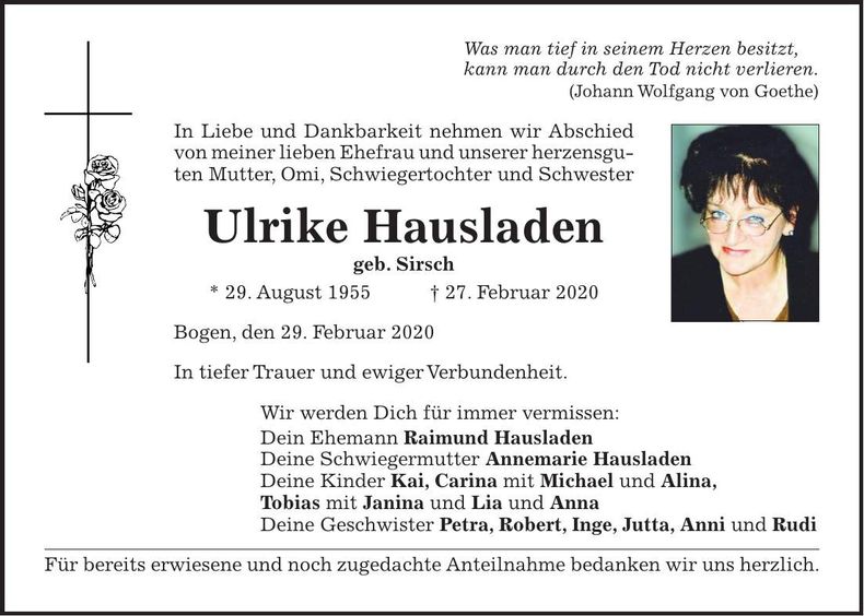 Traueranzeige Ulrike Hausladen
