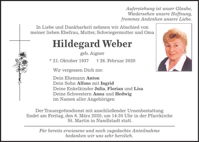 Traueranzeige Hildegard Weber