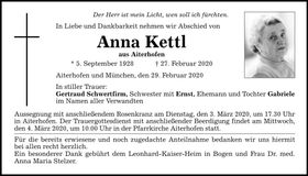 Traueranzeige Anna Kettl