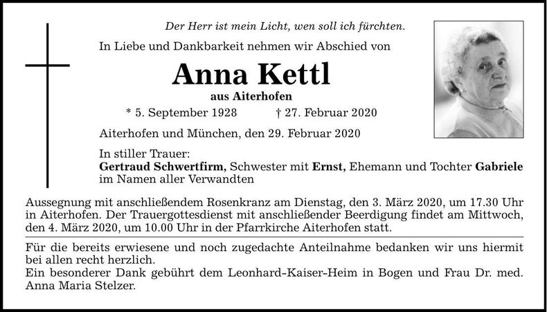 Traueranzeige Anna Kettl