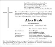 Traueranzeige Alois Raab