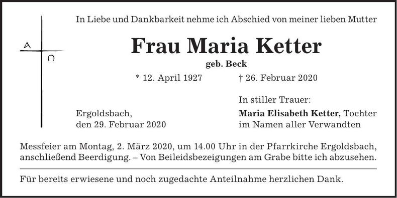 Traueranzeige Maria Ketter