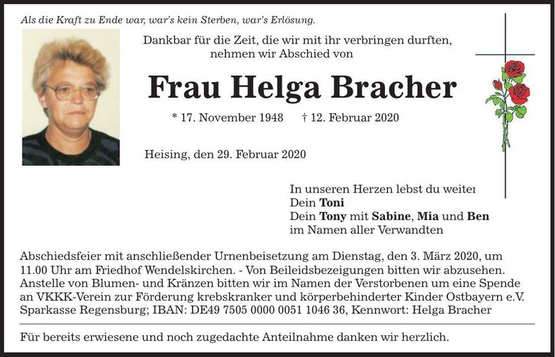Traueranzeige Helga Bracher