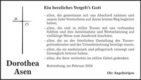 Traueranzeige Dorothea Asen