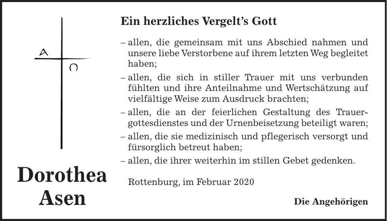 Traueranzeige Dorothea Asen