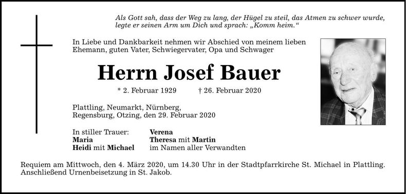 Traueranzeige Josef Bauer
