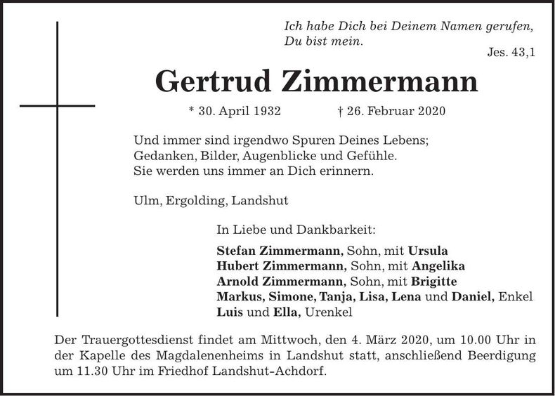Traueranzeige Gertrud Zimmermann
