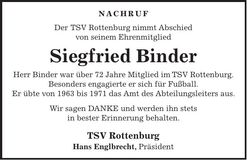 Traueranzeige Siegfried Binder