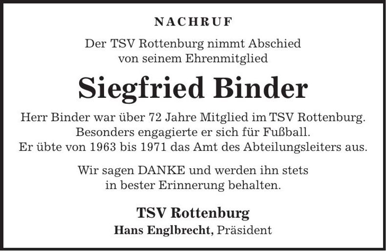 Traueranzeige Siegfried Binder