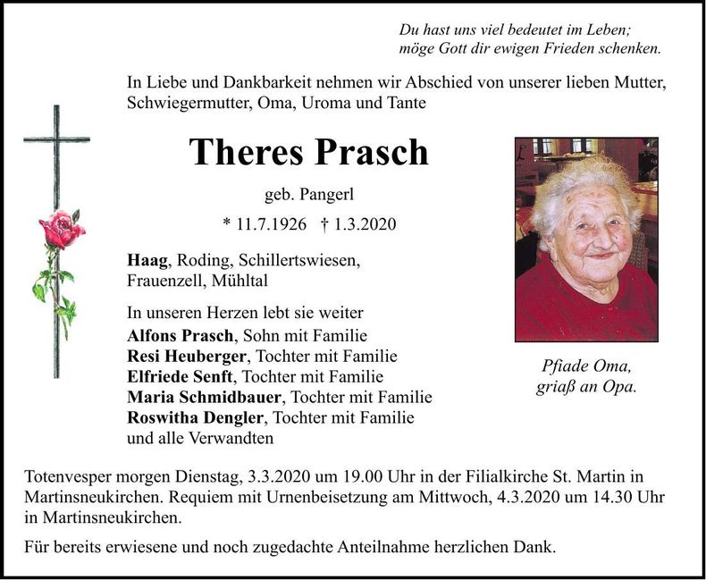 Traueranzeige Therese Prasch