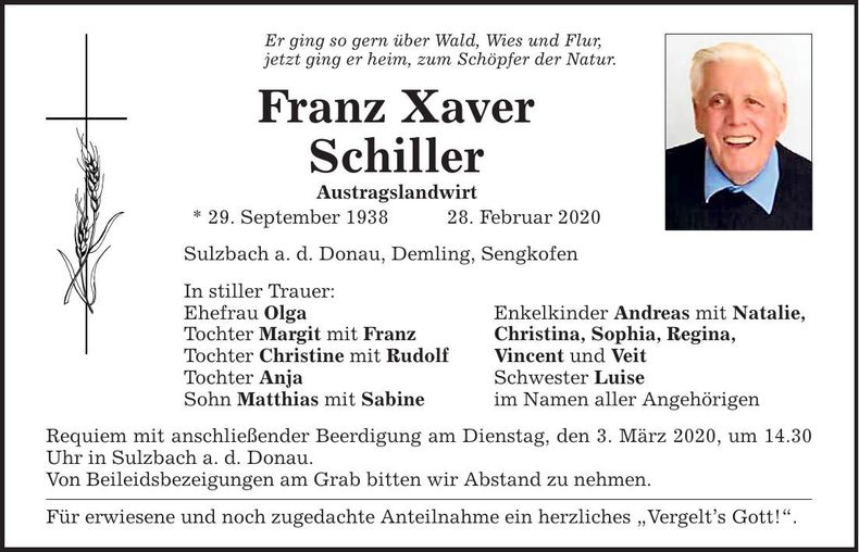 Traueranzeige Xaver Schiller