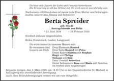 Traueranzeige Berta Spreider