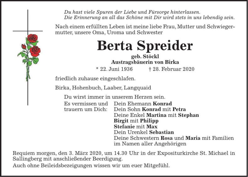 Traueranzeige Berta Spreider
