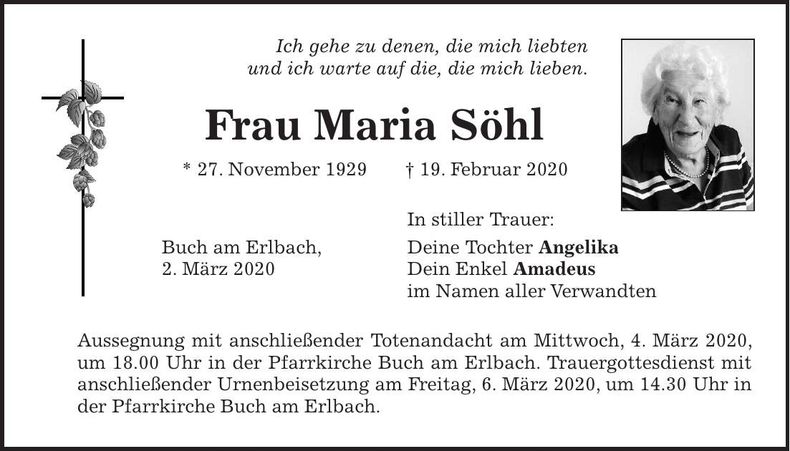 Traueranzeige Maria Söhl