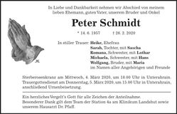Traueranzeige Peter Schmidt