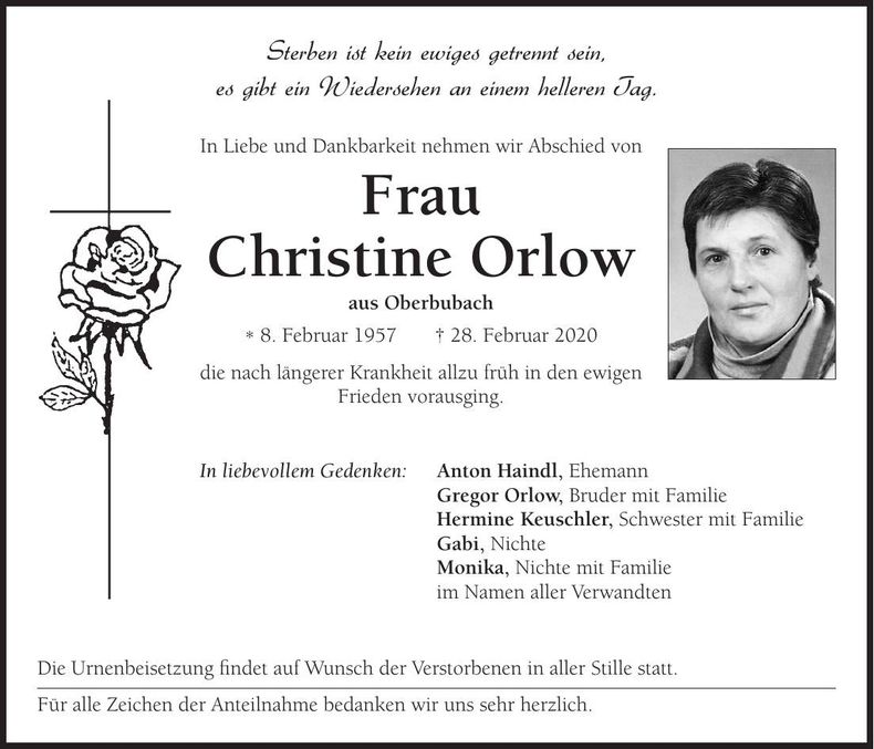Traueranzeige Christine Orlow