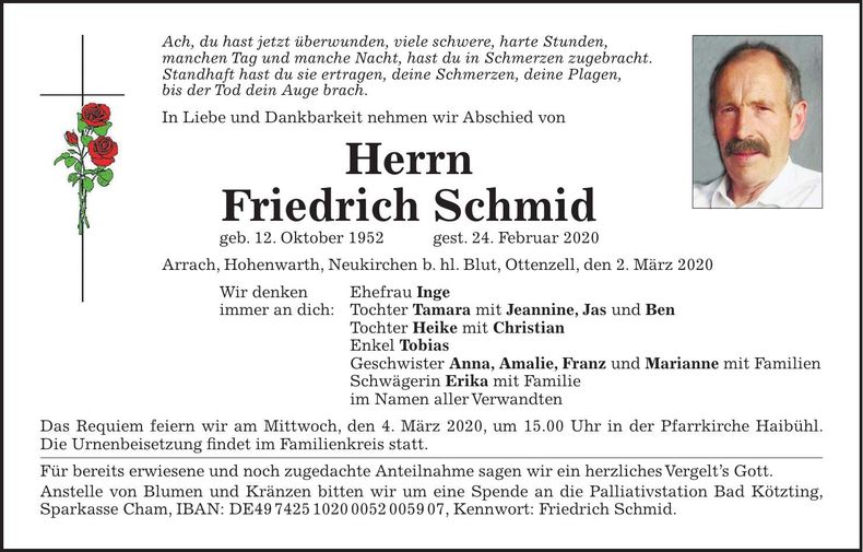 Traueranzeige Friedrich Schmid