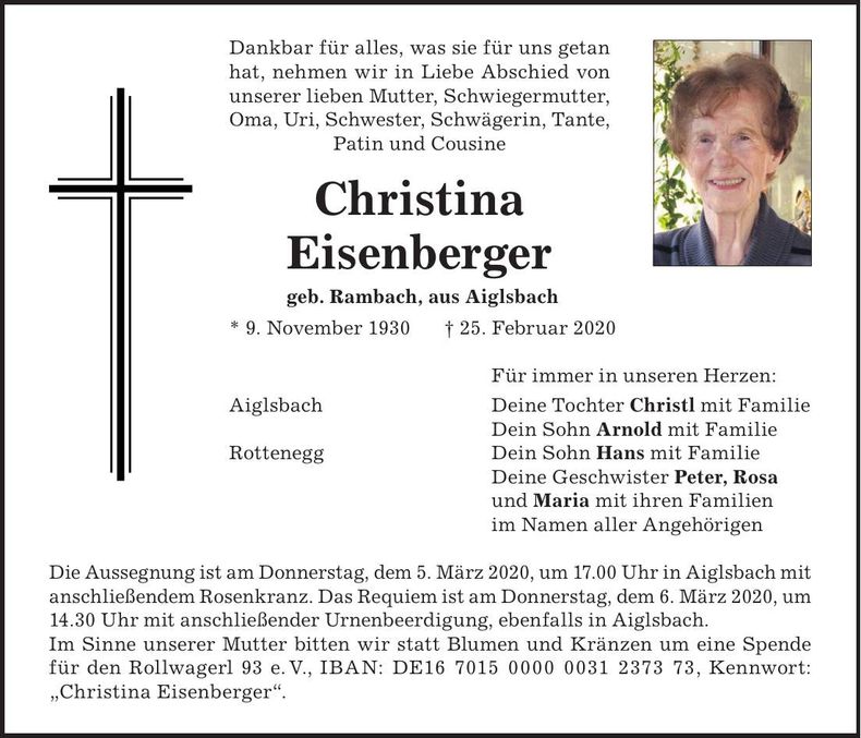 Traueranzeige Christine Eisenberger