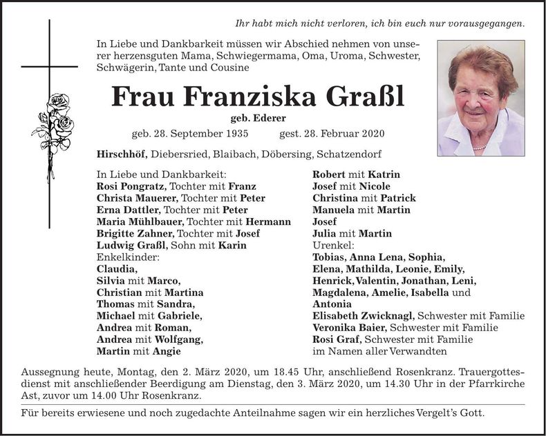 Traueranzeige Franziska Graßl