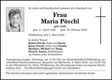 Traueranzeige Maria Pöschl