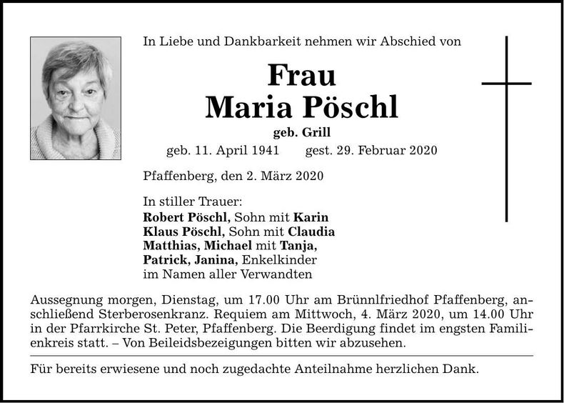 Traueranzeige Maria Pöschl