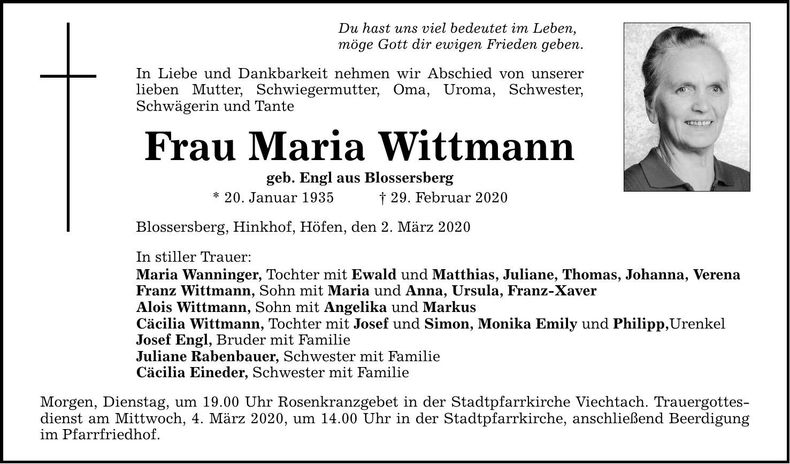Traueranzeige Maria Wittmann