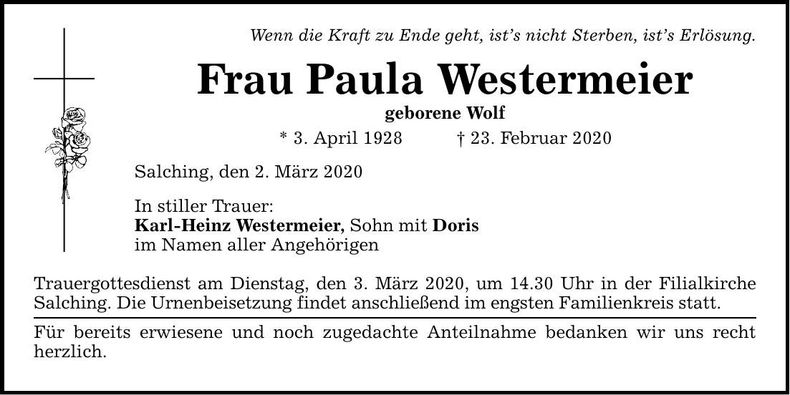 Traueranzeige Paula Westermeier