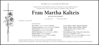 Traueranzeige Martha Kalteis