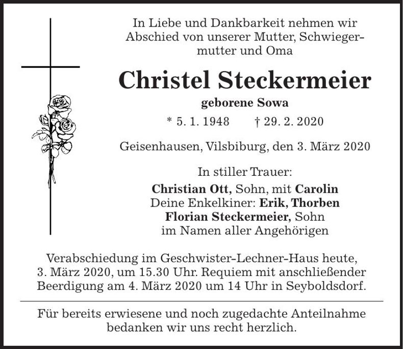 Traueranzeige Christel Steckermeier