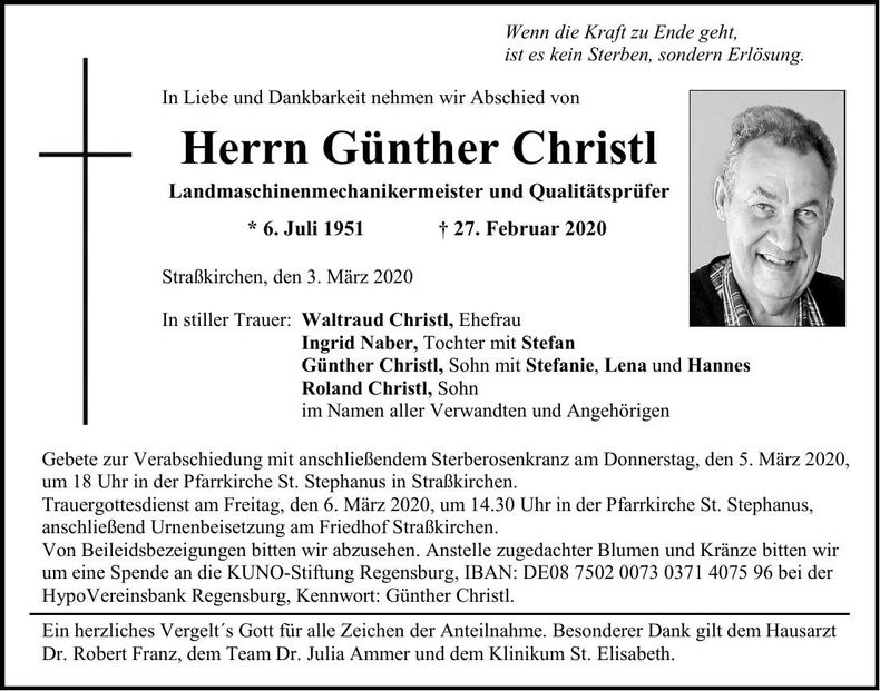Traueranzeige Günther Christl