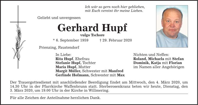 Traueranzeige Georg Hupf