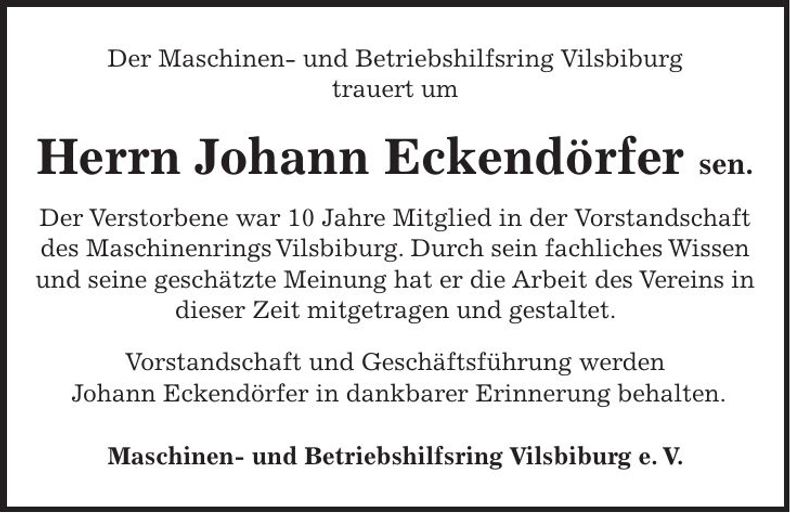 Traueranzeige Johann Eckendörfer
