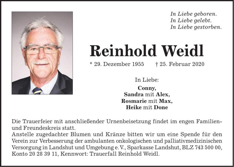 Traueranzeige Reinhold Weidl