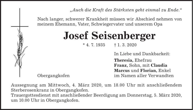 Traueranzeige Josef Seisenberger