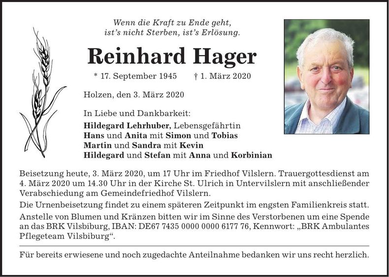 Traueranzeige Reinhard Hager
