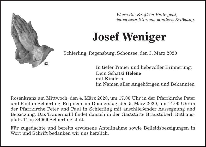Traueranzeige Josef Weniger
