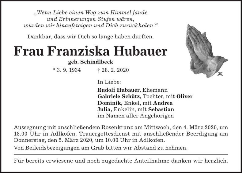 Traueranzeige Franziska Hubauer
