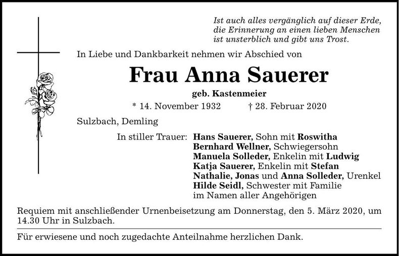 Traueranzeige Anna Sauerer