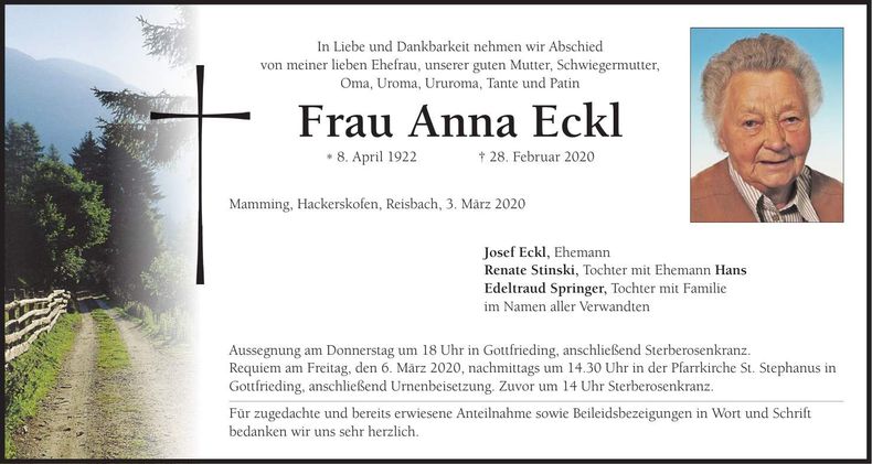 Traueranzeige Anna Eckl