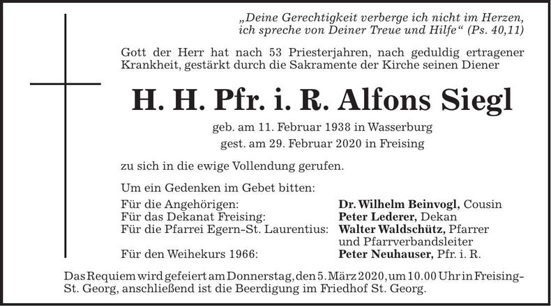 Traueranzeige Alfons Siegl