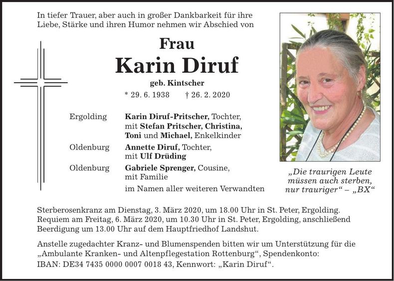 Traueranzeige Karin Diruf