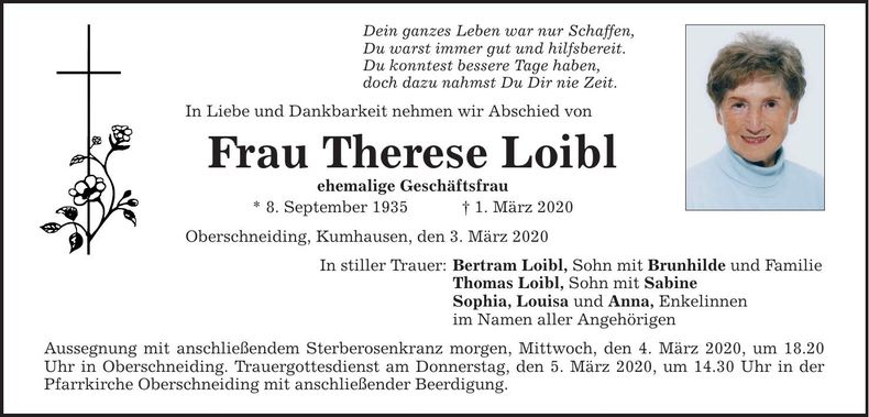 Traueranzeige Therese Loibl