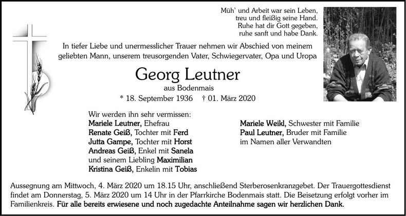 Traueranzeige Leutner Georg