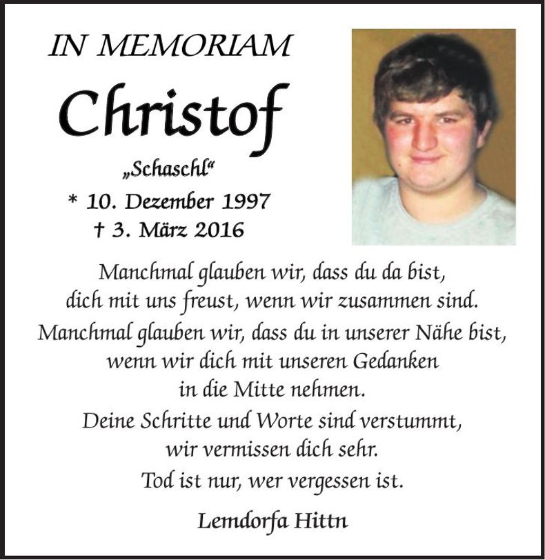 Traueranzeige Christof Grassl