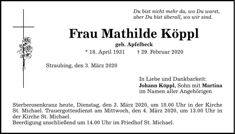 Traueranzeige Mathilde Köppl