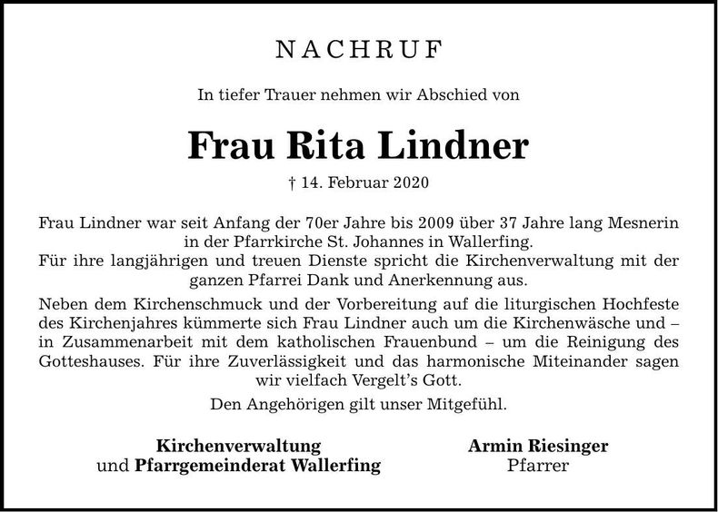 Traueranzeige Rita Lindner