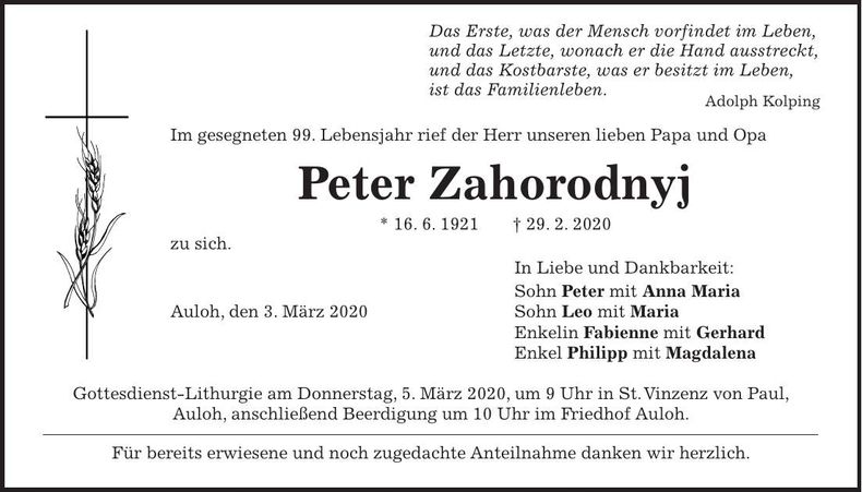 Traueranzeige Peter Zahorodnyj